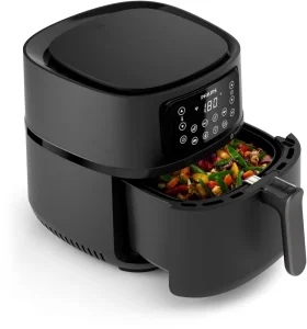 Airfryer - forrólevegős fritőz, digitális vezérlés, 40 - 200 °C között szabályozható hőmérséklet, tapadásmentes felület, kijelző, Wi-Fi, időzítő, automatikus kikapcsolás, hőmérséklet szabályozás és automatikus programok, 2000 W teljesítmény, 7,2 l-es edény, edény tapadásmentes felülettel, 1 fritőz kosár, kábel hossza 0,8 cm, tömege 6,25 kg, mérete 33 × 30 × 41 cm (Ma×Sz×Mé)